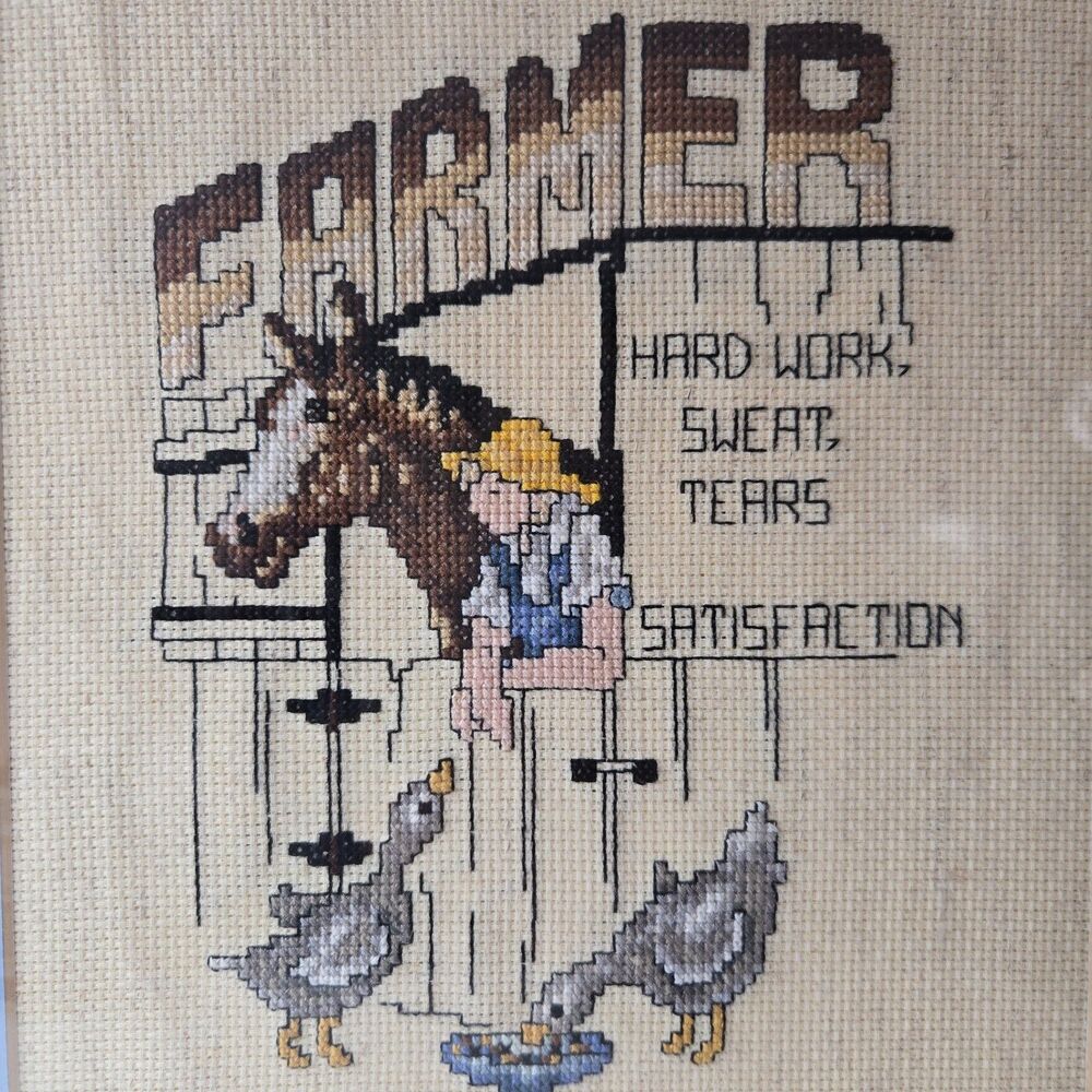 Vintage Framed Farmer Cross Stitch Needlepoint Wall Art Rustic Country Decor